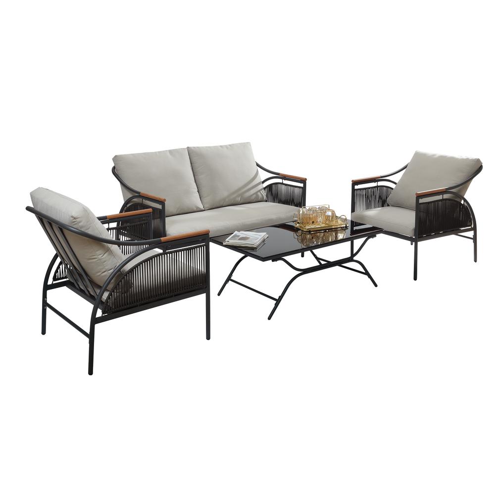 4-Pc Black Iron Outdoor Patio Furniture Set with Gray Cushions. Picture 1