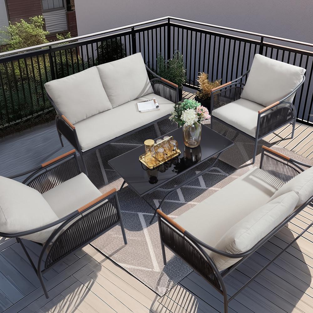 4-Pc Black Iron Outdoor Patio Furniture Set with Gray Cushions. Picture 9