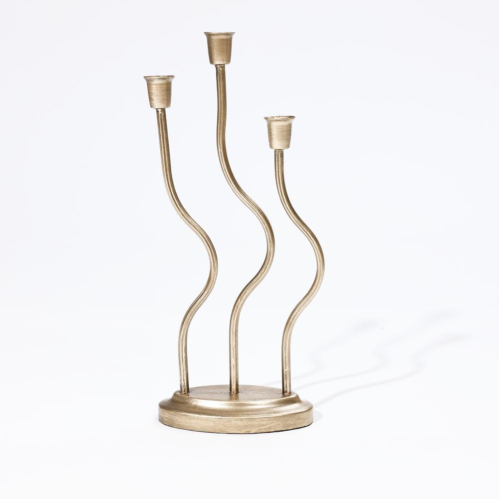 Gold Metal 3-Taper Candle Holder Tabletop Sculpture. Picture 1