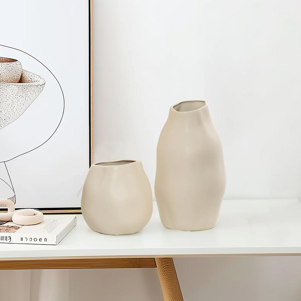 Ivory White Ceramic Modern Round Vase. Picture 7