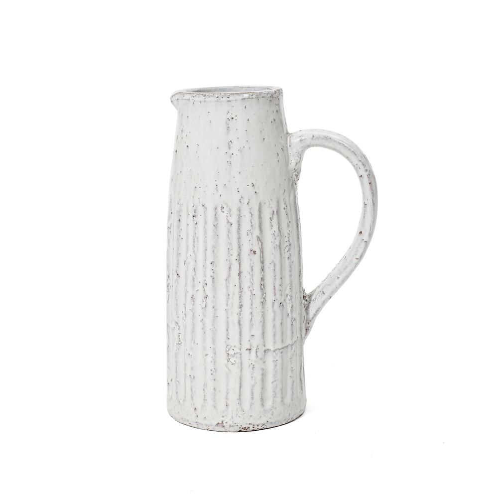 Vintage White Ribbed Terracotta Pitcher Vase with Handle. Picture 1
