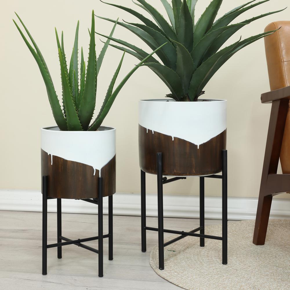 2-Piece White and Brown Metal Cachepot Planters Set with Black Stands. Picture 8