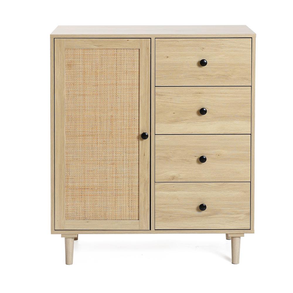 White Oak Finish Wood and Rattan 1-Door 4-Drawer Storage Cabinet. Picture 1