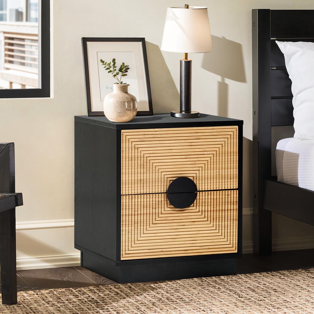 Modern Boho 2-Drawer Black Side Table with Bamboo Strips. Picture 4