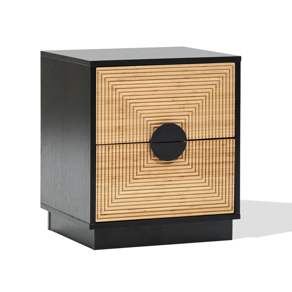 Modern Boho 2-Drawer Black Side Table with Bamboo Strips. Picture 2