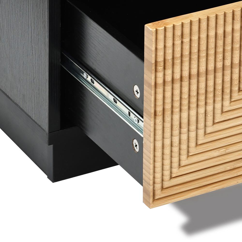 Modern Boho 2-Drawer Black Side Table with Bamboo Strips. Picture 8