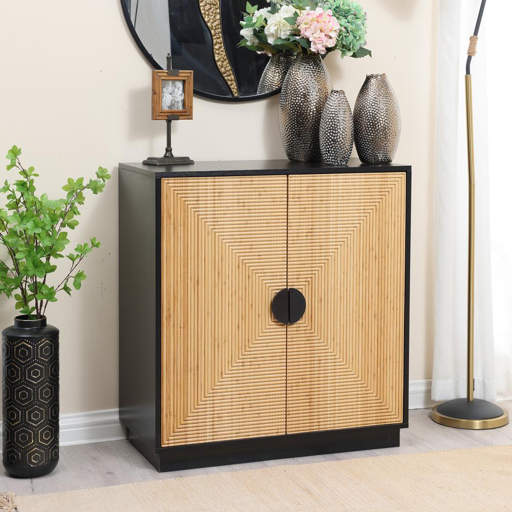 Modern Boho 2-Door Black Accent Cabinet with Bamboo Strips. Picture 5