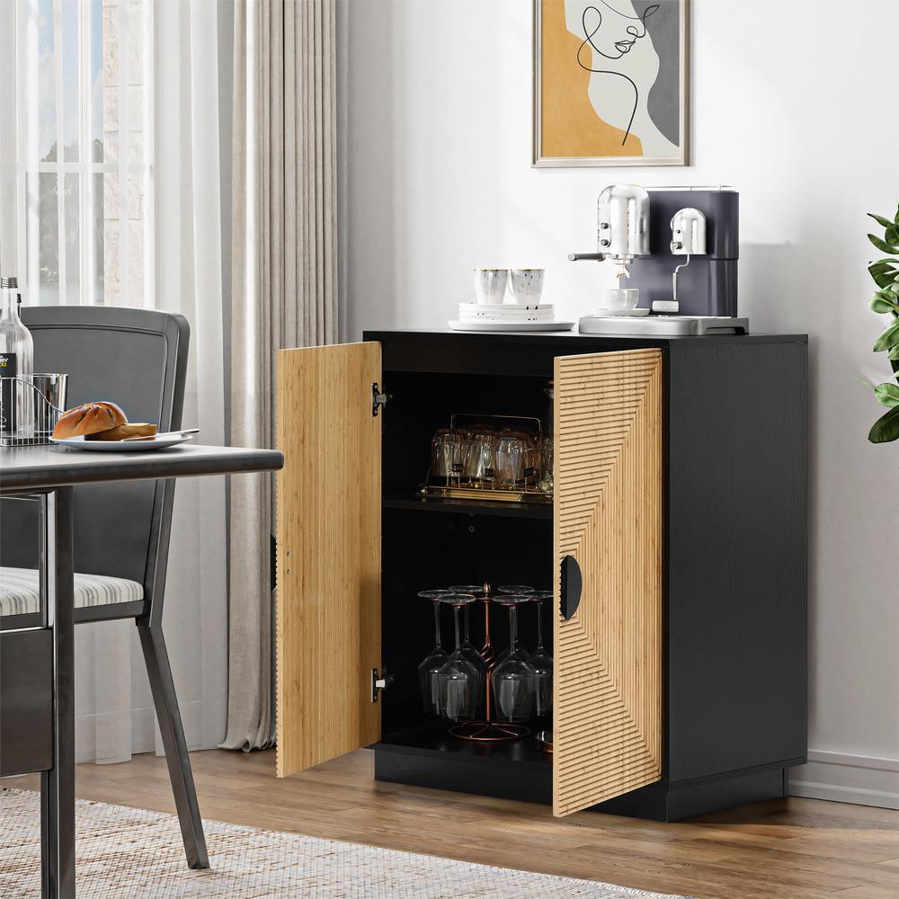 Modern Boho 2-Door Black Accent Cabinet with Bamboo Strips. Picture 6