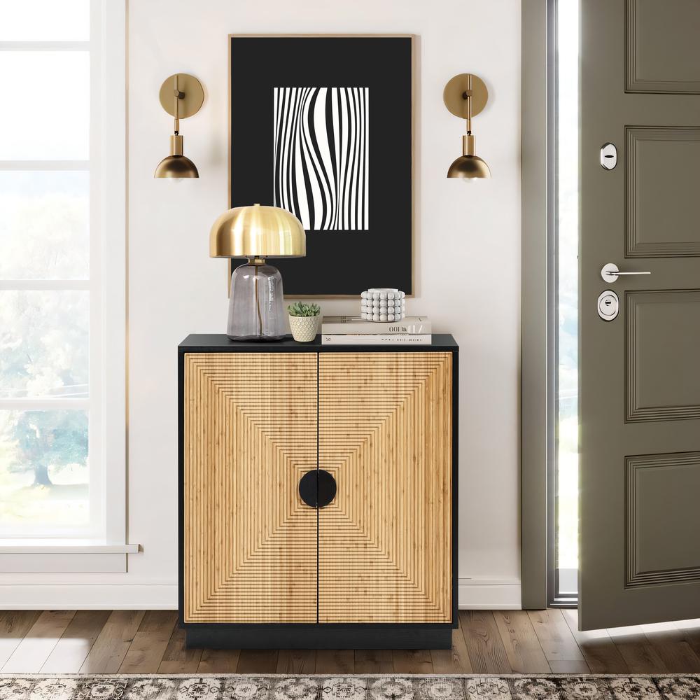Modern Boho 2-Door Black Accent Cabinet with Bamboo Strips. Picture 7