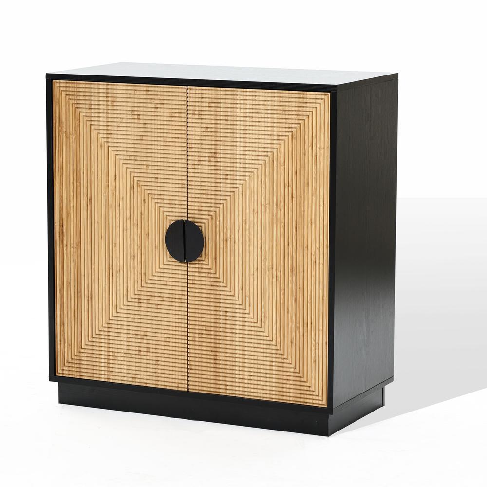 Modern Boho 2-Door Black Accent Cabinet with Bamboo Strips. Picture 2