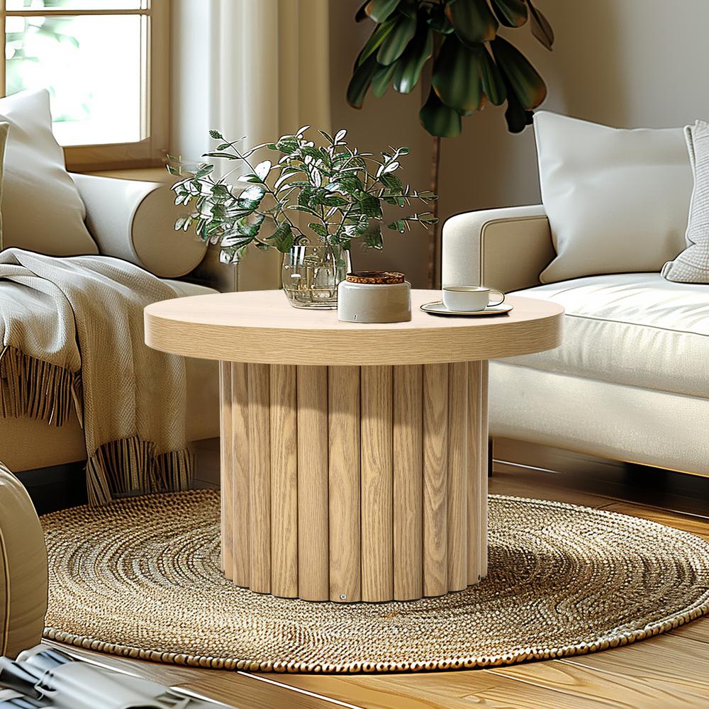 Brown Wood Fluted Round Coffee Table. Picture 6