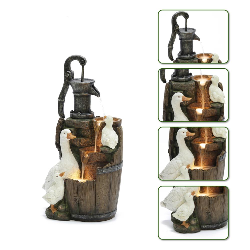 Farmhouse Pump and Duck Family Resin Outdoor Fountain with LED Lights. Picture 7