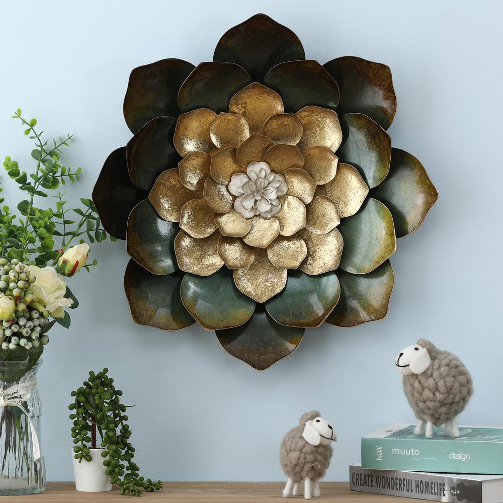 19-Inch Green, Gold, and White Metal Flower Wall Decor. Picture 2