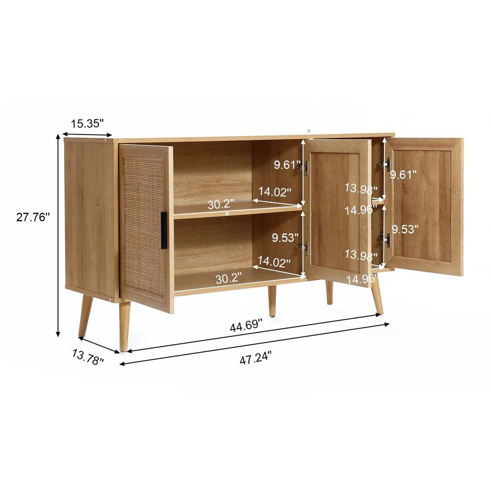 47.2" Wide 3-Door Rattan Light Oak Finish Wood Sideboard Cabinet. Picture 12