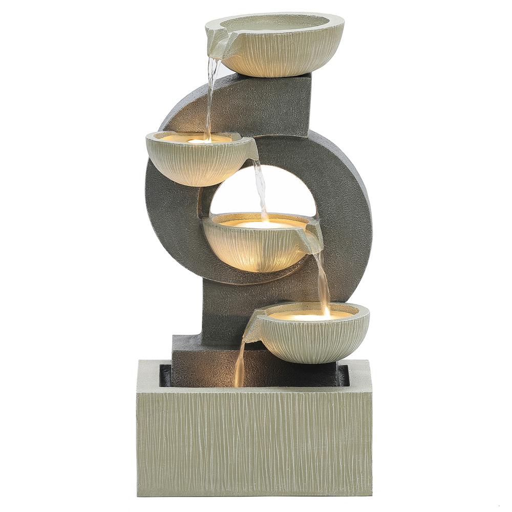 Gray Curves and Cascading Bowls Resin Outdoor Fountain with LED Lights. Picture 1