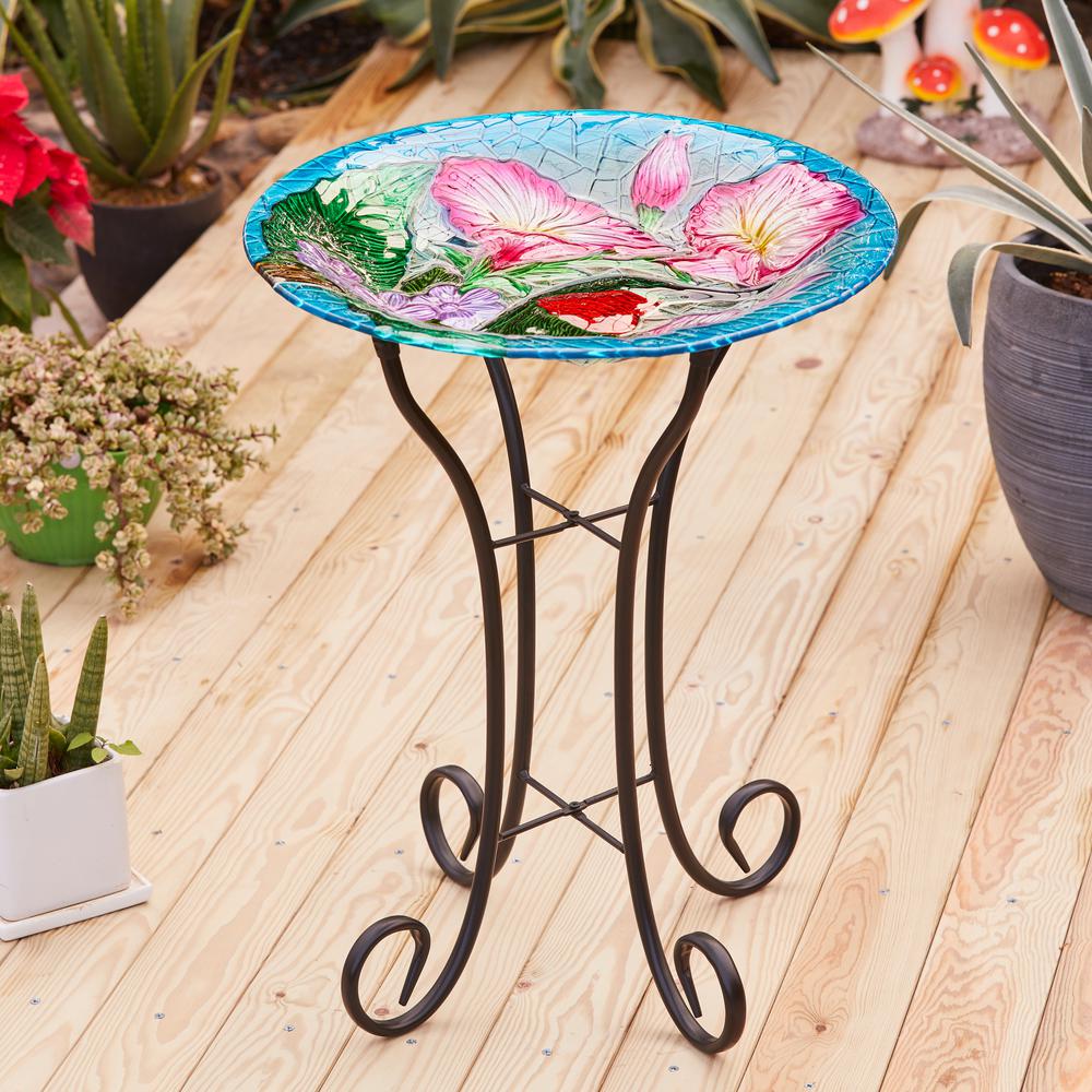 LuxenHome Hummingbird Floral Glass Bird Bath with Metal Stand. Picture 2