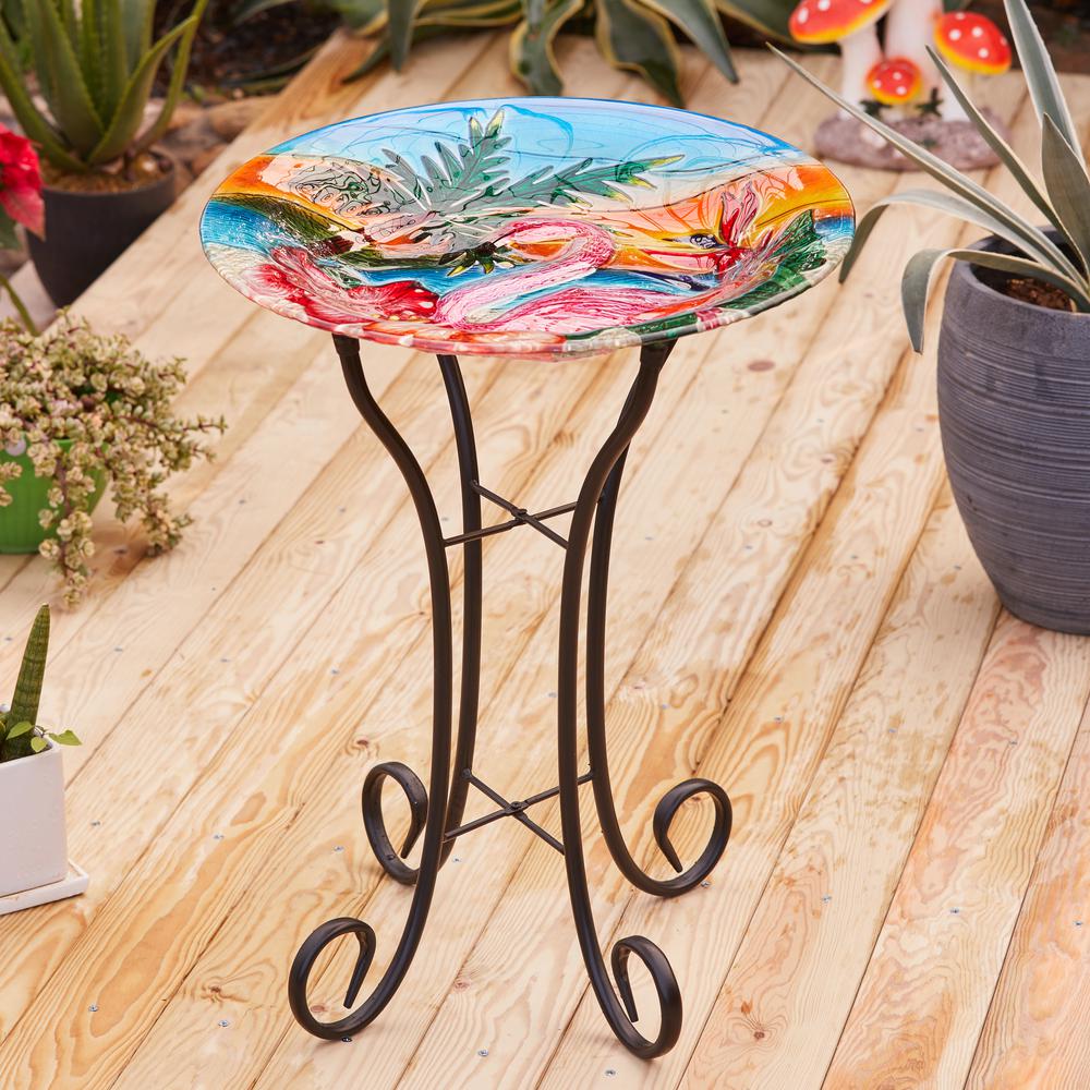 LuxenHome Flamingo Glass Bird Bath with Metal Stand. Picture 2