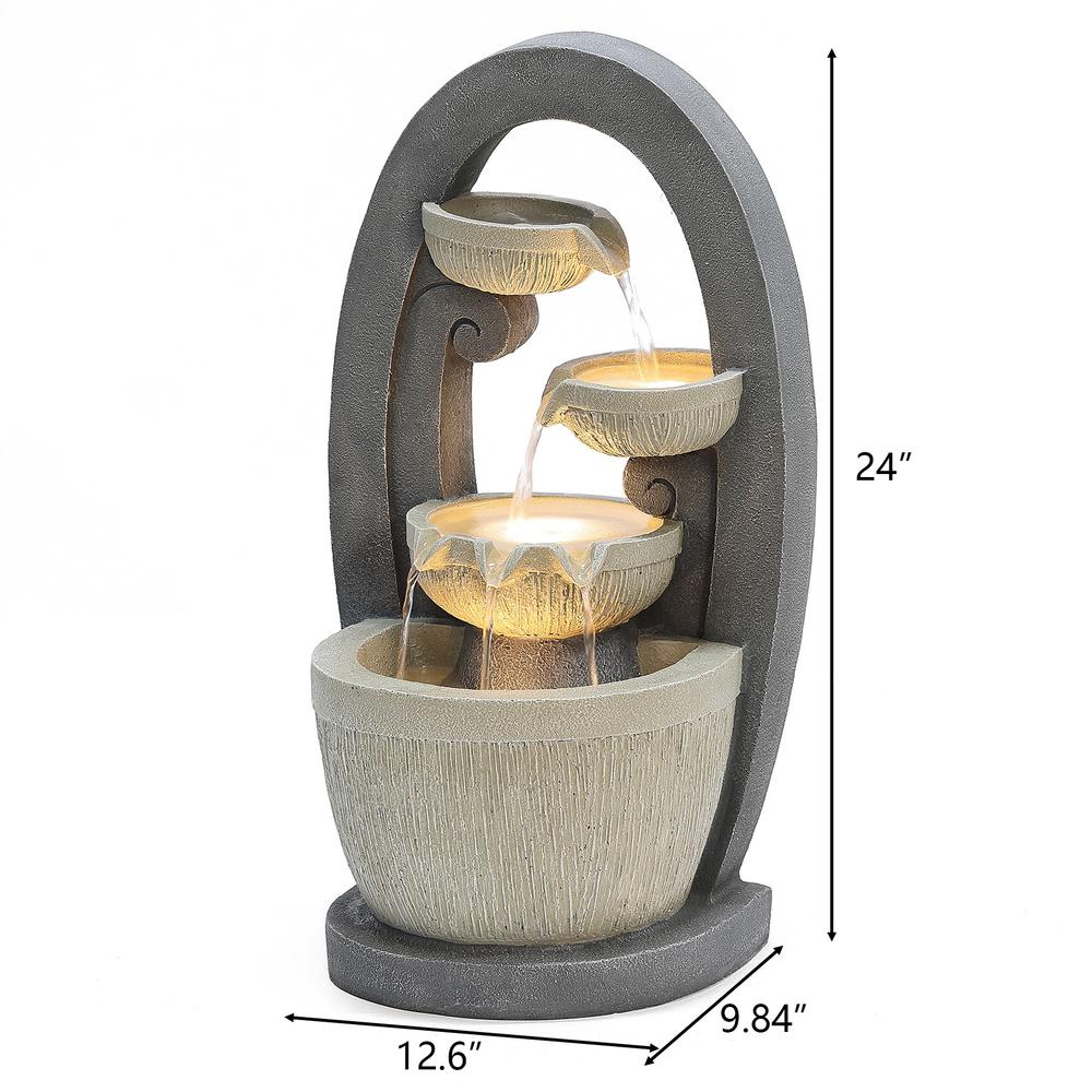 Gray Oval Cascading Bowls Resin Outdoor Fountain with LED Lights. Picture 11
