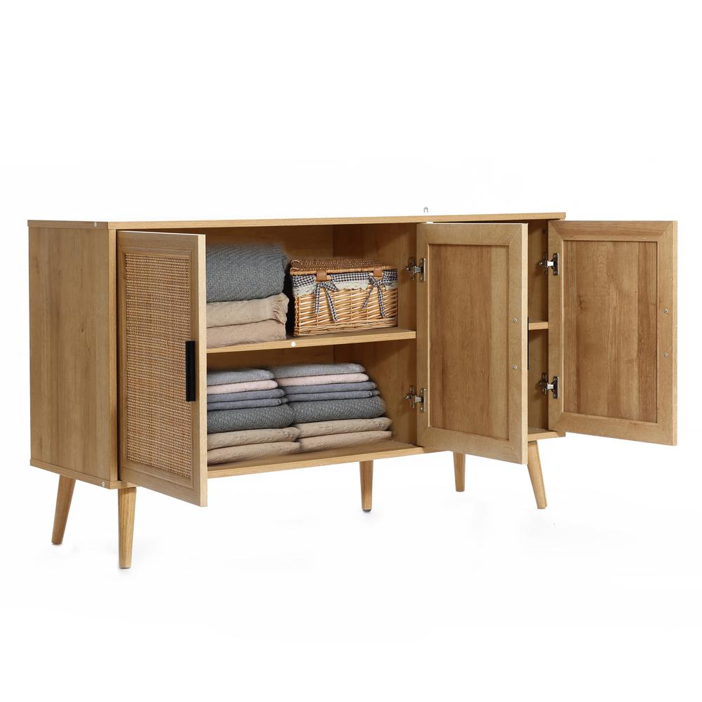 47.2" Wide 3-Door Rattan Light Oak Finish Wood Sideboard Cabinet. Picture 8