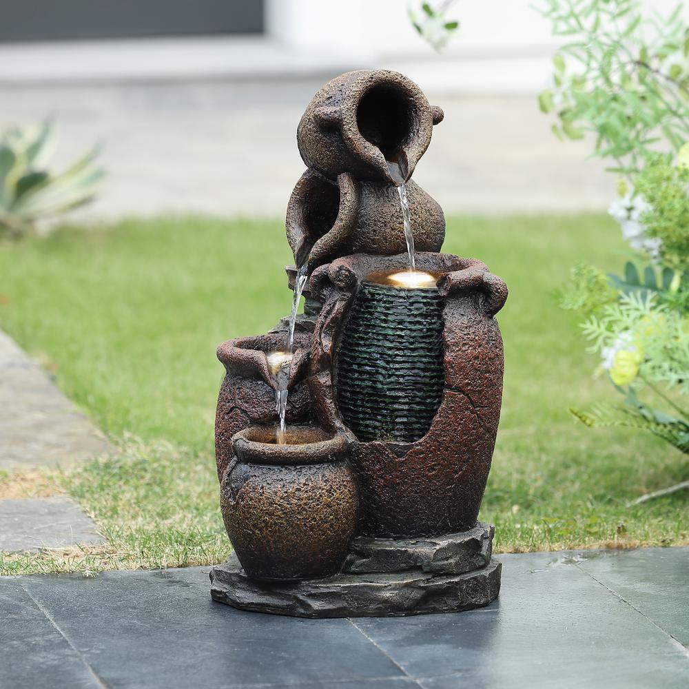 Rustic Brown Urns Resin Outdoor Fountain with LED Lights. Picture 4