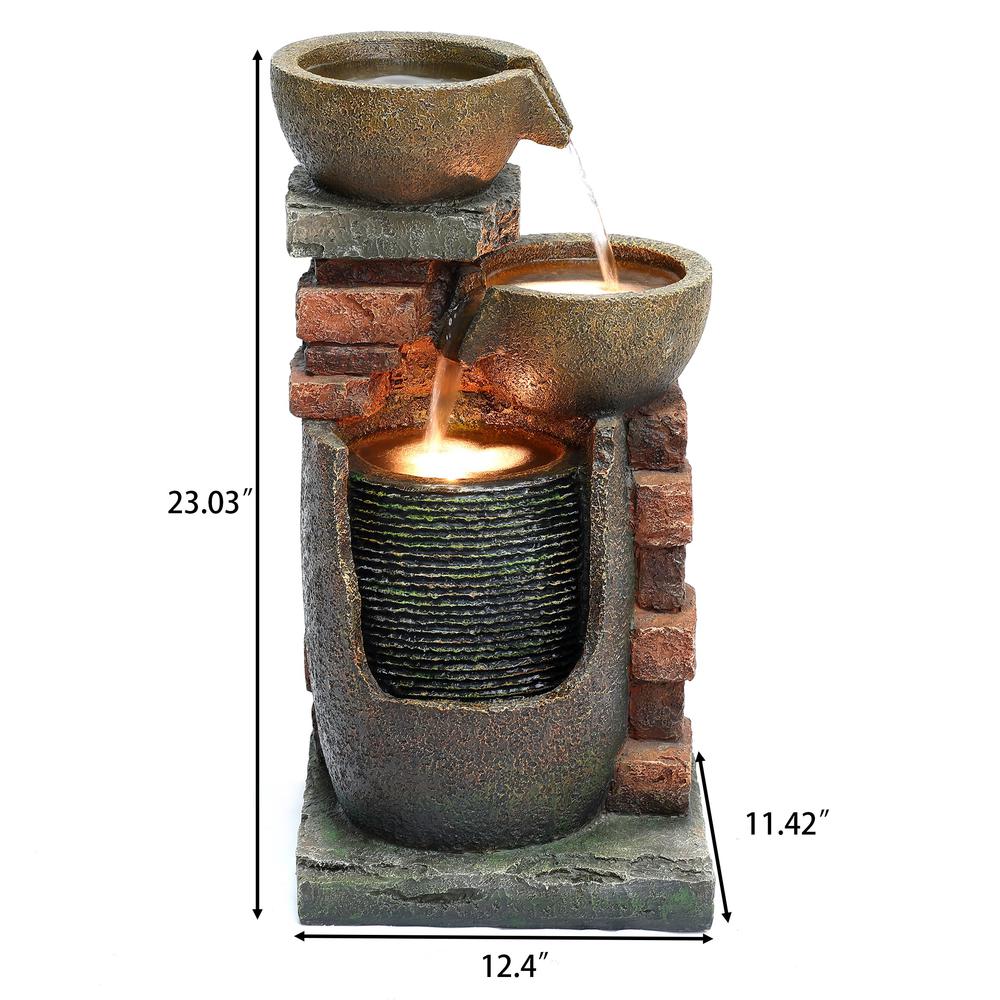 23" H Bowls and Bricks Resin Outdoor Fountain with LED Lights. Picture 11