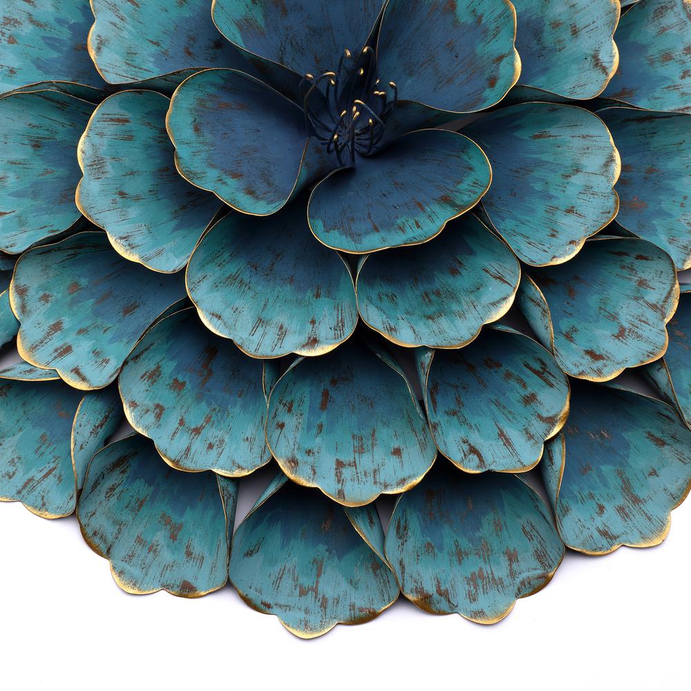 23.5" Round Teal Blue Flower Metal Wall Decor. Picture 4