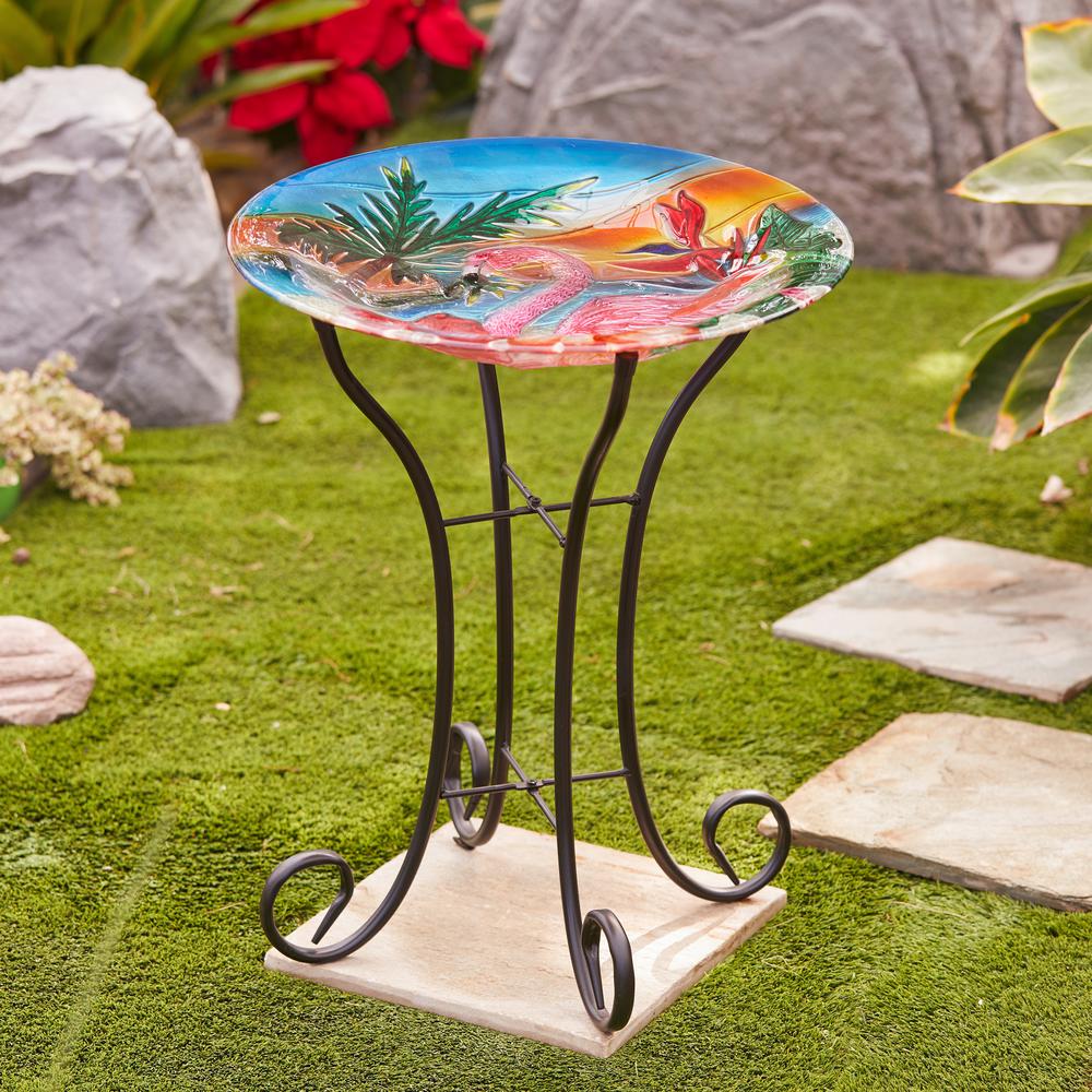 LuxenHome Flamingo Glass Bird Bath with Metal Stand. Picture 4
