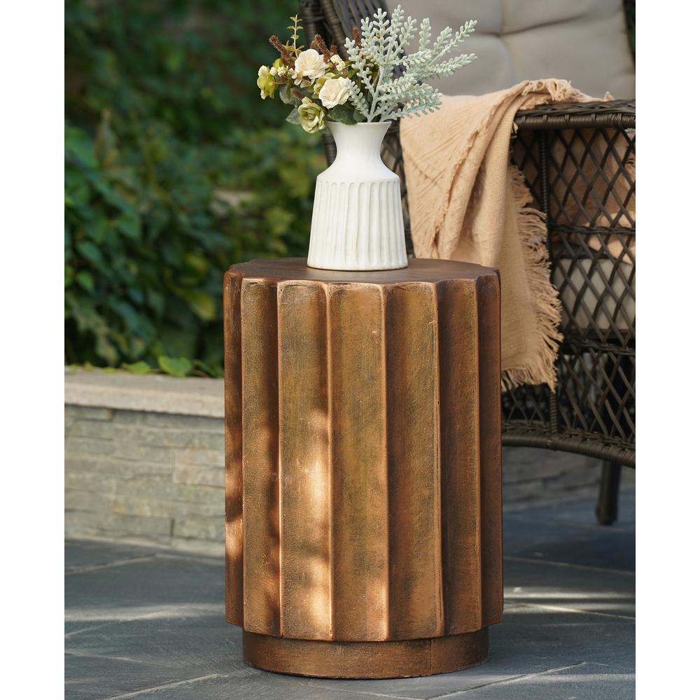 Weathered Copper Cement Fluted Round Indoor Outdoor Side and End Table. Picture 2