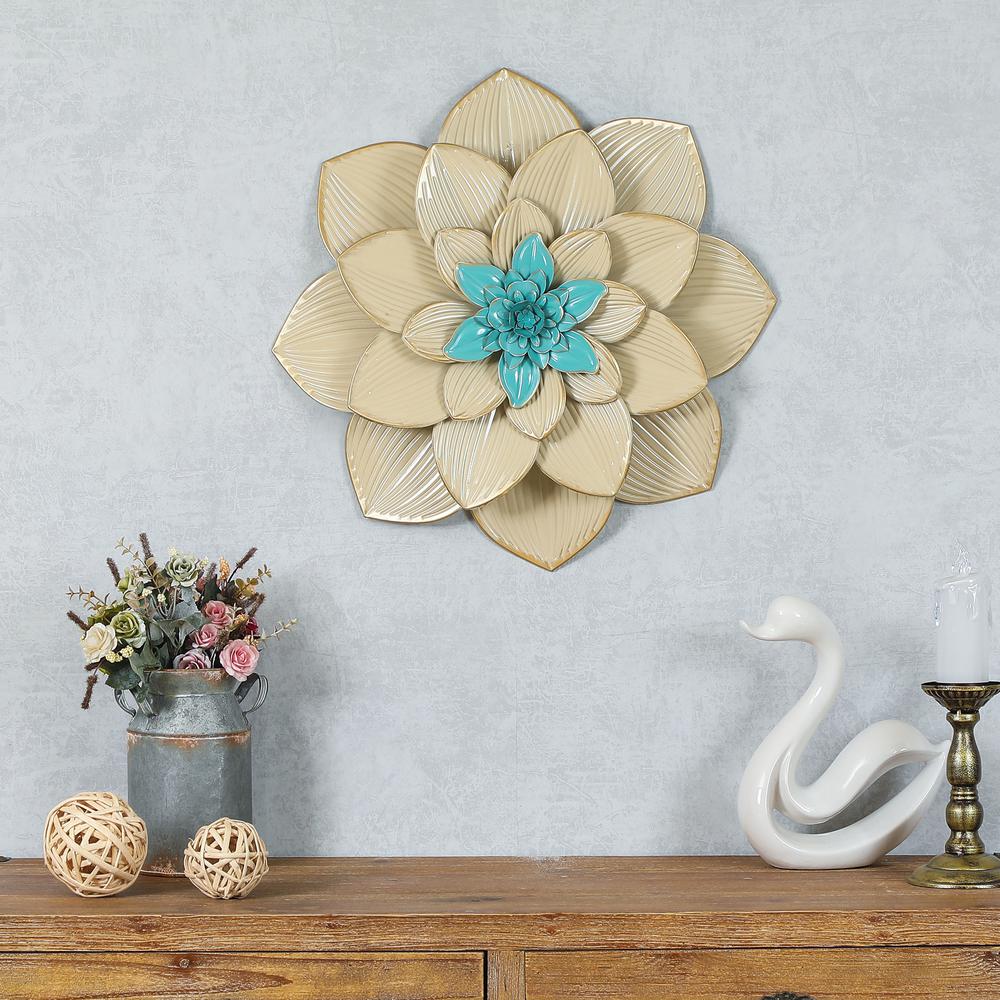 Gold and Teal Metal Flower Wall Decor