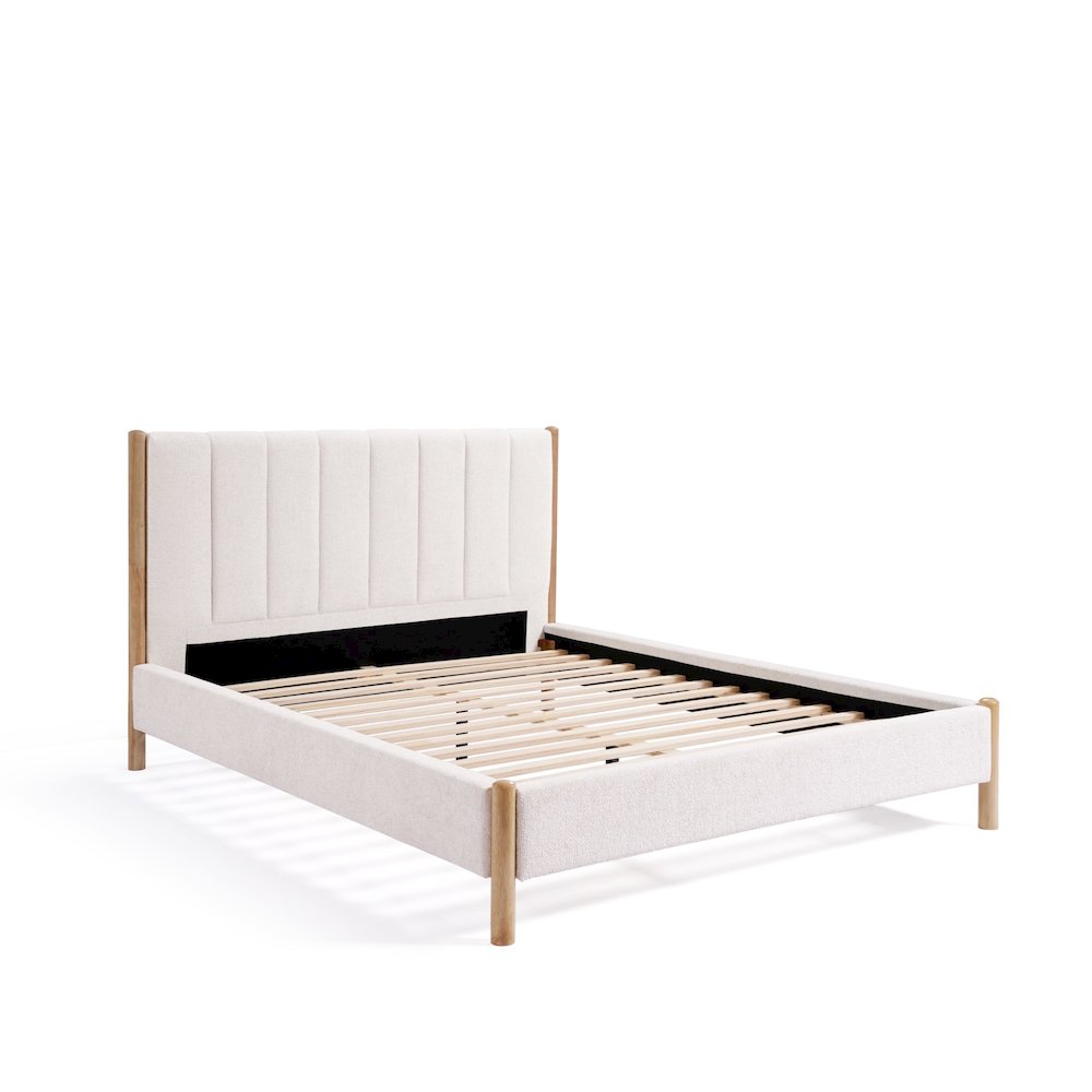 Vertical Rolls Upholstered Headboard with Rubberwood Legs Platform Bed, Queen. Picture 4