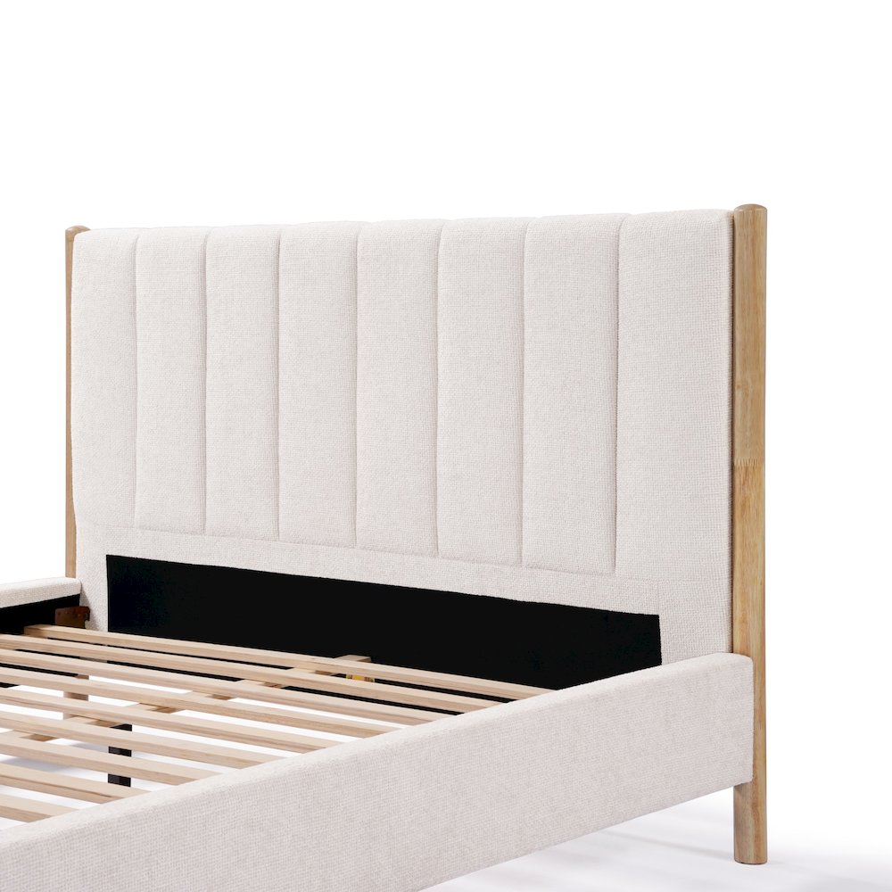 Vertical Rolls Upholstered Headboard with Rubberwood Legs Platform Bed, Queen. Picture 6