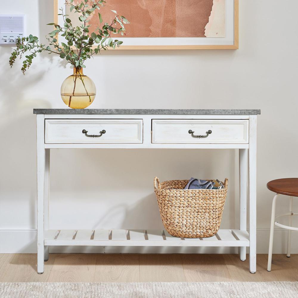 Farmhouse Distressed White Wood and Metal Console Table. Picture 5