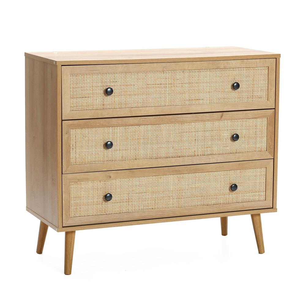 35.4" Wide 3-Drawer Rattan Light Oak Finish Wood Dresser. Picture 2
