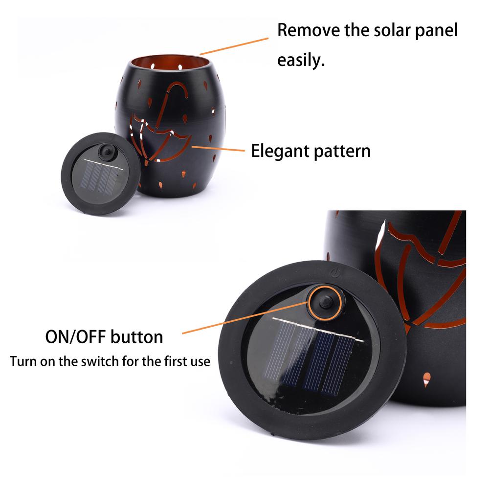 LuxenHome 6-Inch Black Metal Rain Solar Powered Outdoor Decorative Lantern. Picture 6