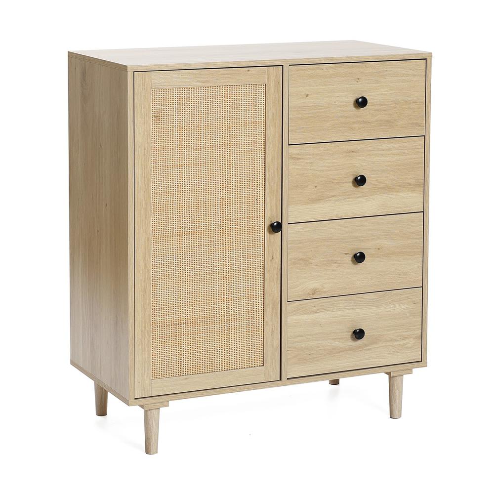 White Oak Finish Wood and Rattan 1-Door 4-Drawer Storage Cabinet. Picture 2