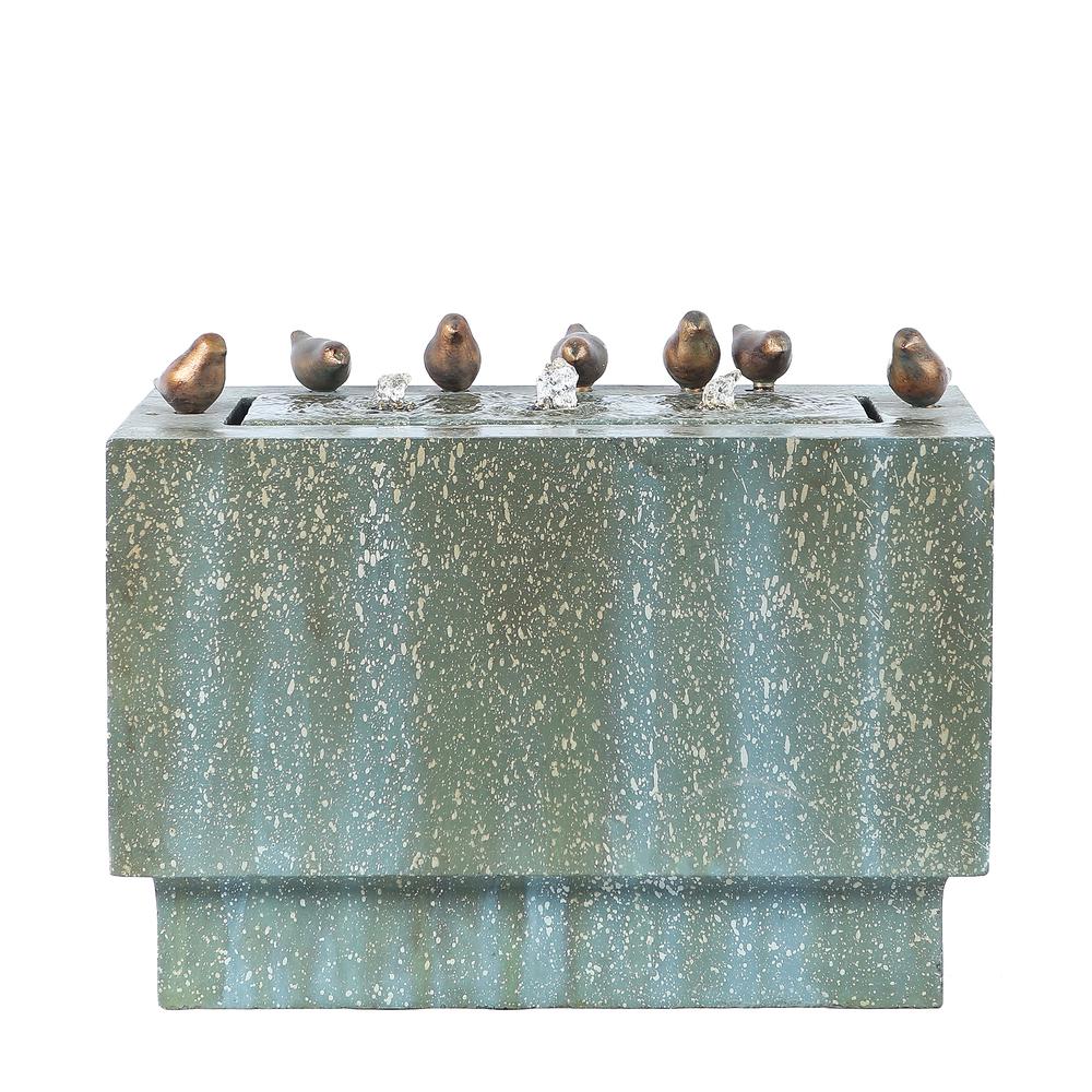 Patina Resin Rectangular Bubbler Outdoor Fountain with LED Lights and Bronze Birds. Picture 1