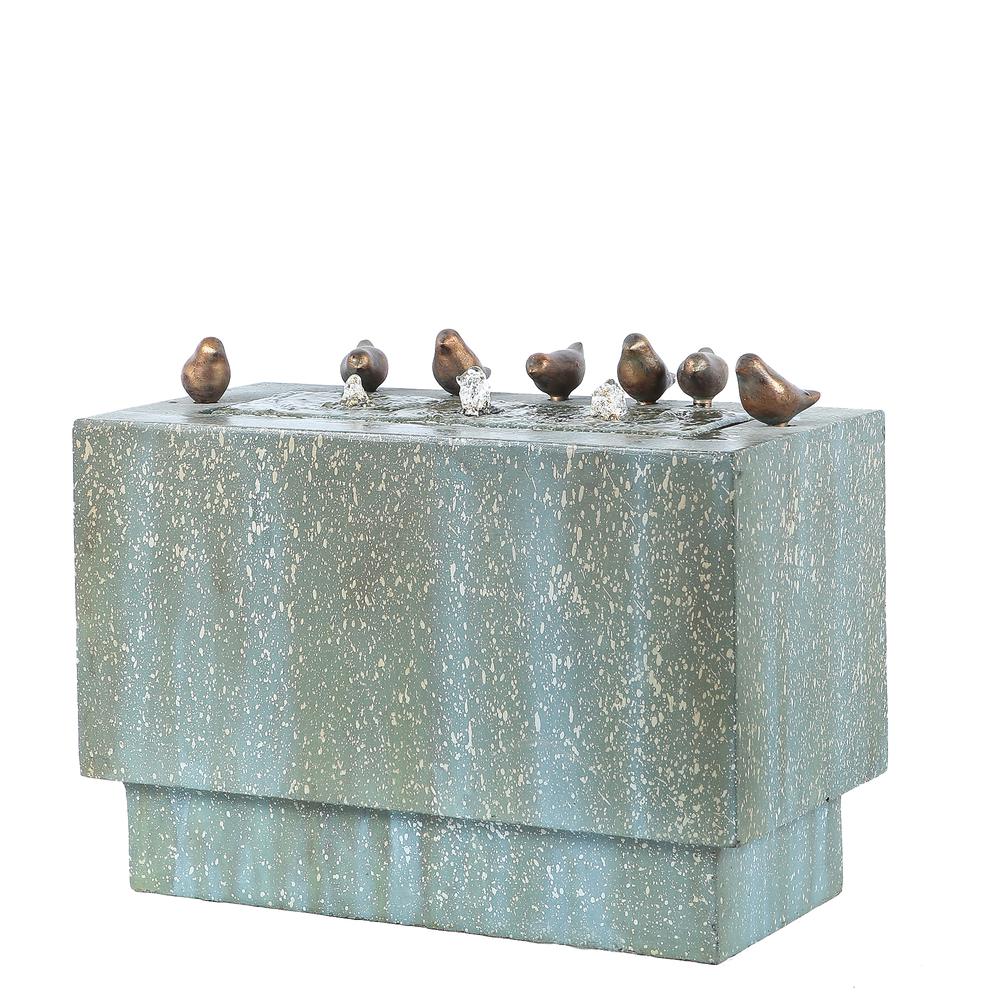 Patina Resin Rectangular Bubbler Outdoor Fountain with LED Lights and Bronze Birds. Picture 4