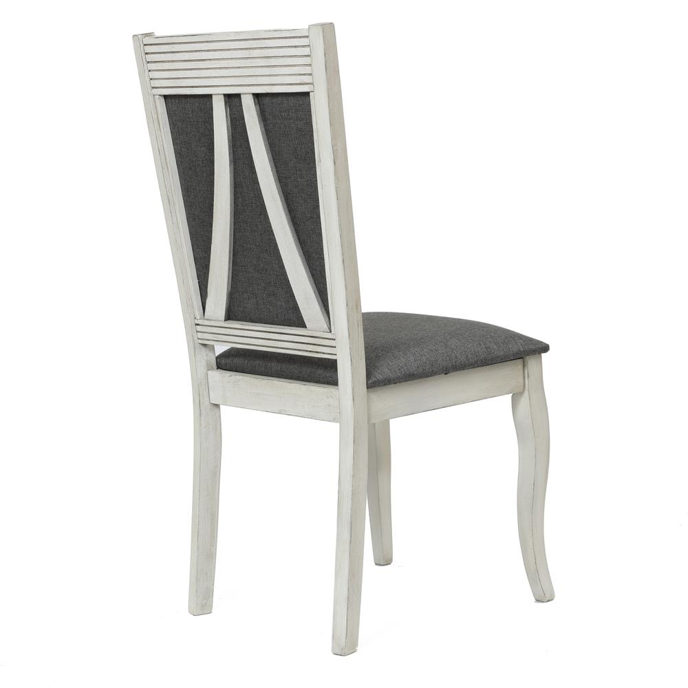 Distressed Off White Rubberwood and Gray Upholstered Dining Chair, Set of 2. Picture 2
