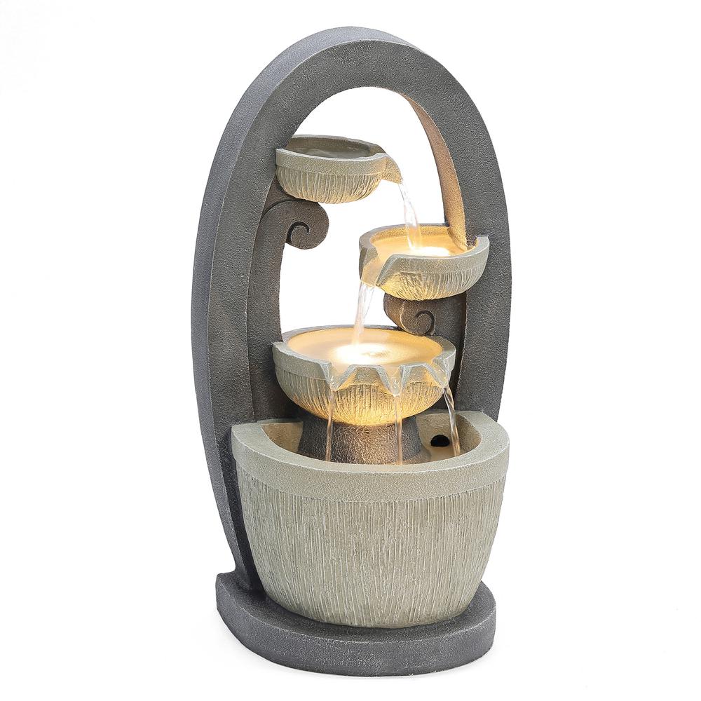 Gray Oval Cascading Bowls Resin Outdoor Fountain with LED Lights. Picture 6