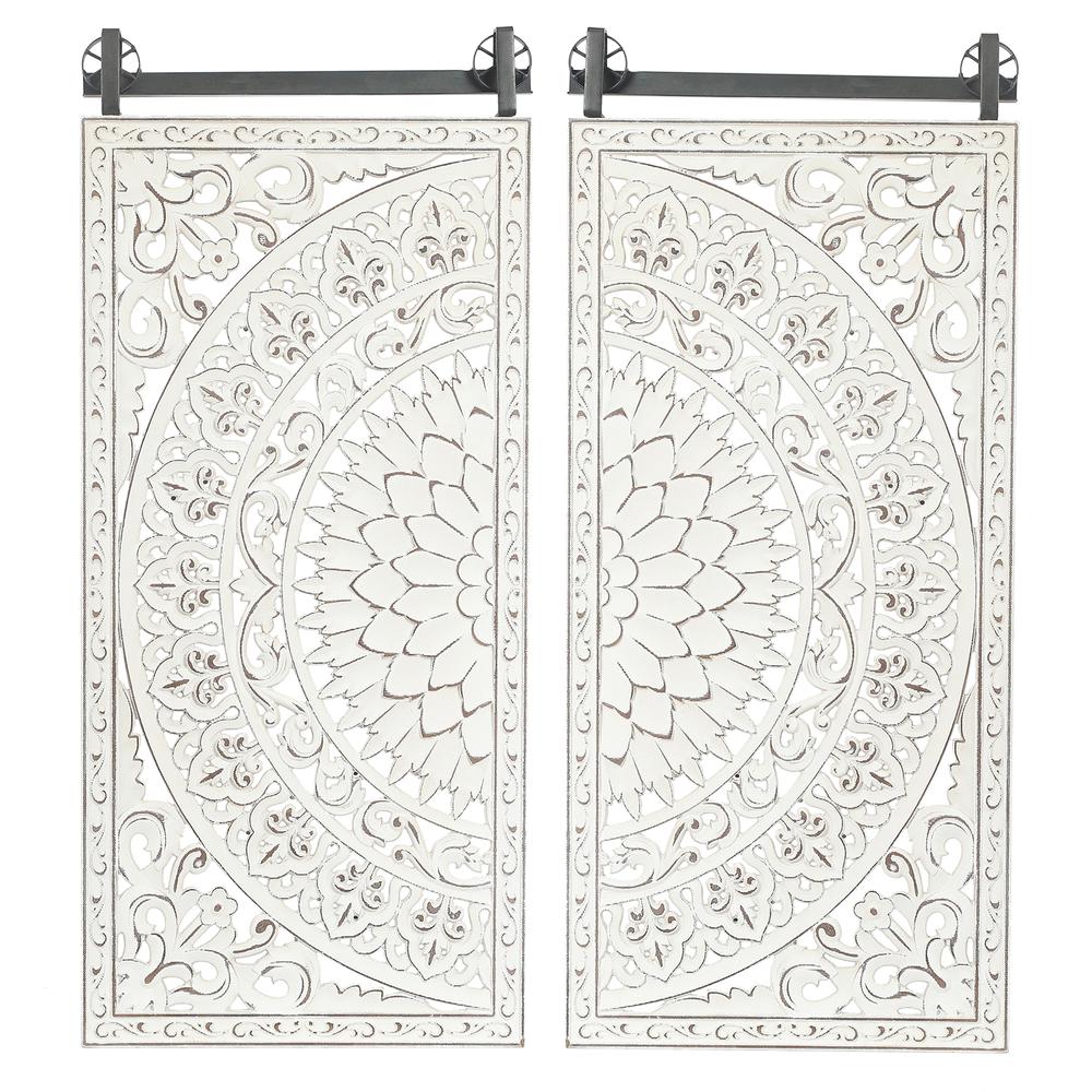 Set of 2 Distressed Ivory White Wood Flower Wall Decor. Picture 1