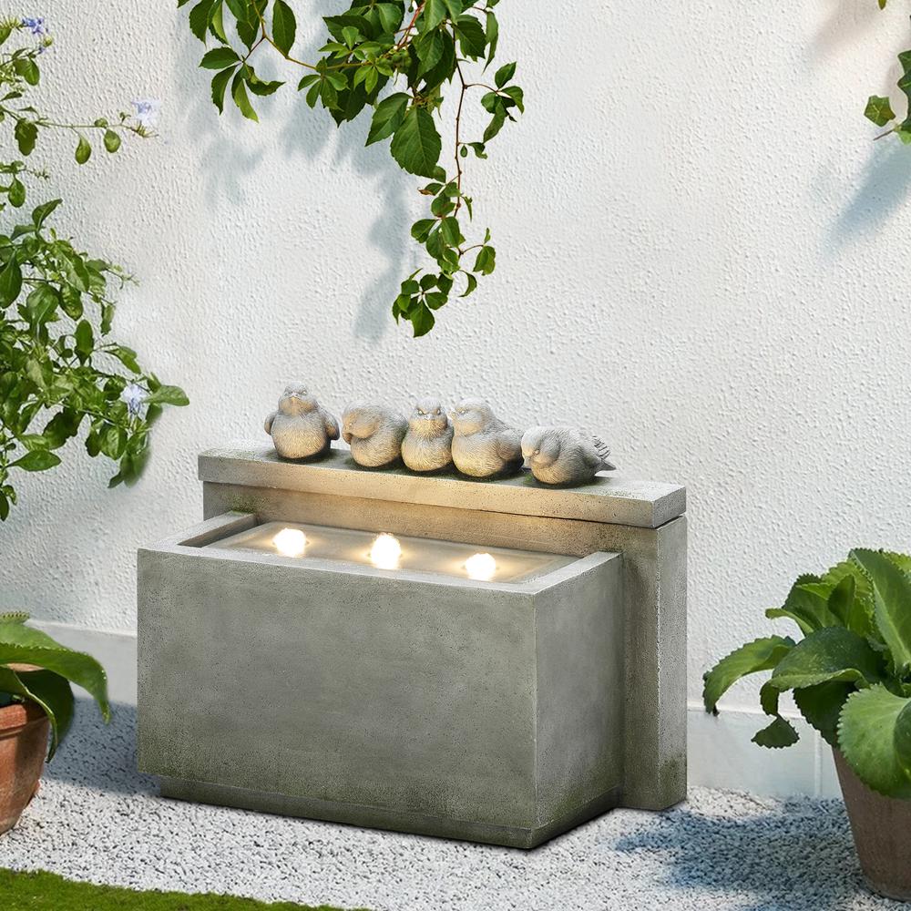 Gray Rectangular and Birds Resin Outdoor Bubbler Fountain with LED Lights. Picture 3
