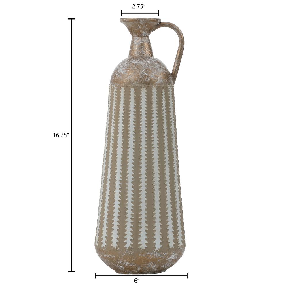 16.75-Inch H Distressed Tan and White Metal Table Pitcher Vase. Picture 6