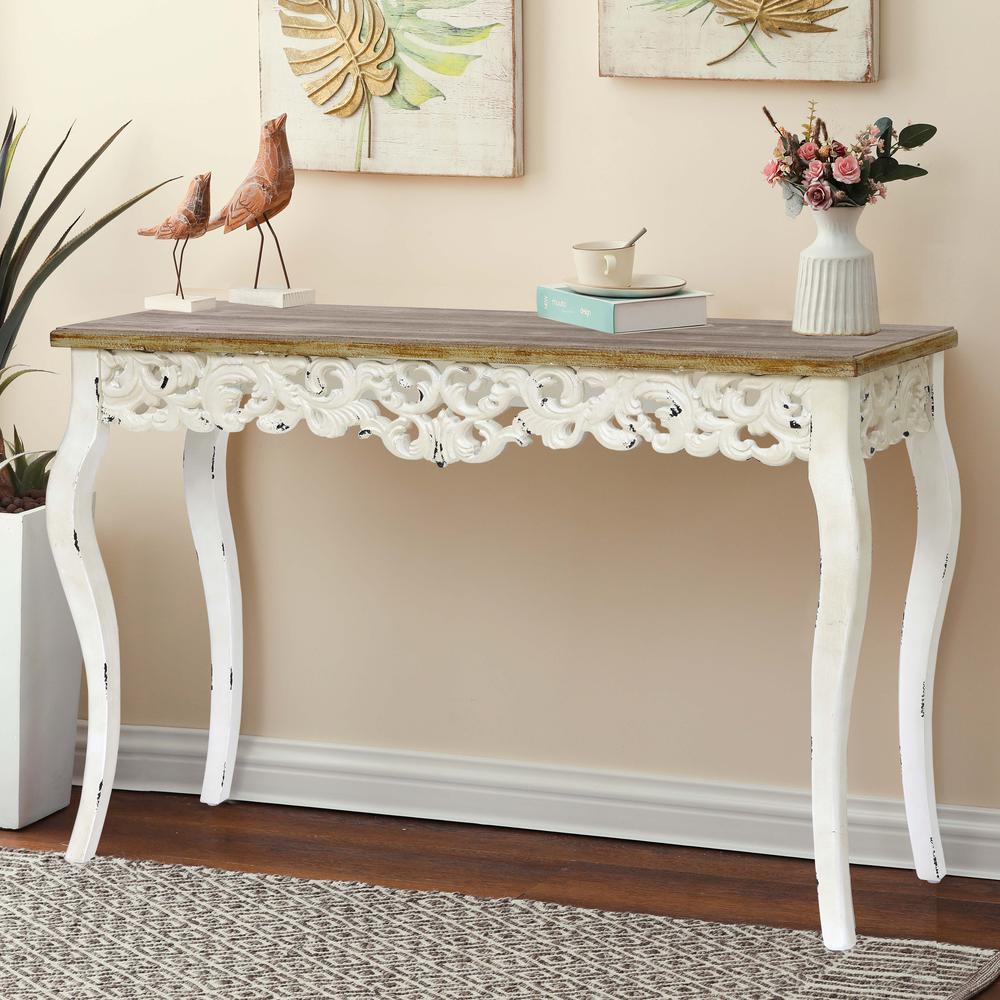 Victorian Off White and Natural Wood Console and Entry Table. Picture 4