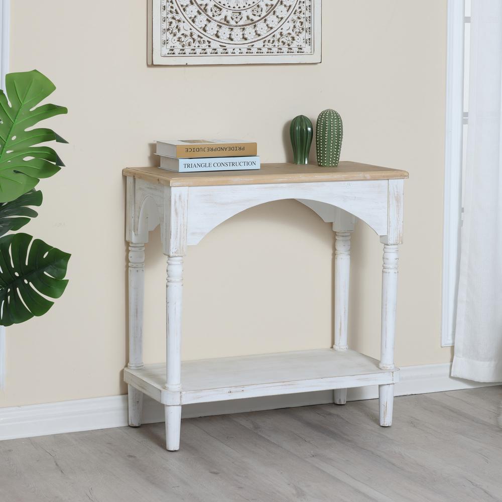 Farmhouse White and Natural Wood Single Shelf Console Table. Picture 5