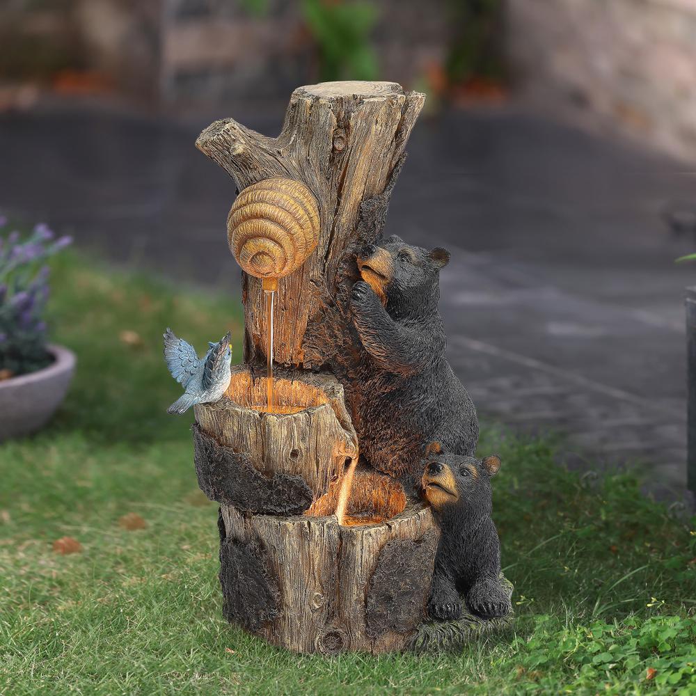 21.9" H Bear and Honey Beehive Tree Resin Outdoor Fountain with LED Lights. Picture 2