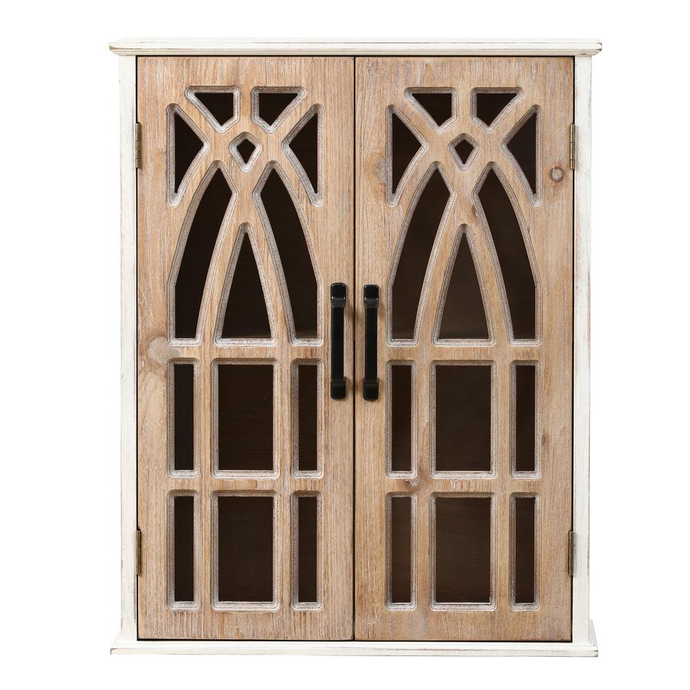 Farmhouse White and Natural MDF Wood Cathedral-Style 2-Door Wall Cabinet. Picture 2