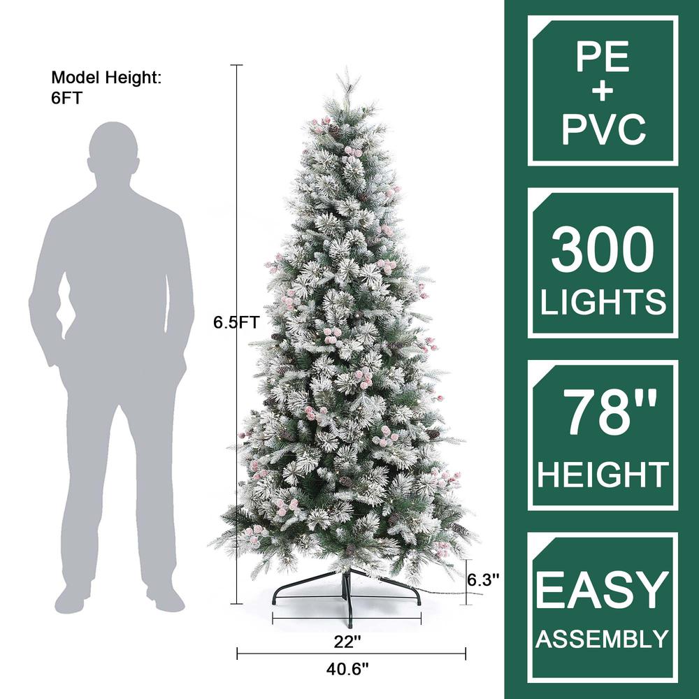 6.5Ft Pre-Lit Flocked Artificial Christmas Tree with Berries and Pine Cones. Picture 18
