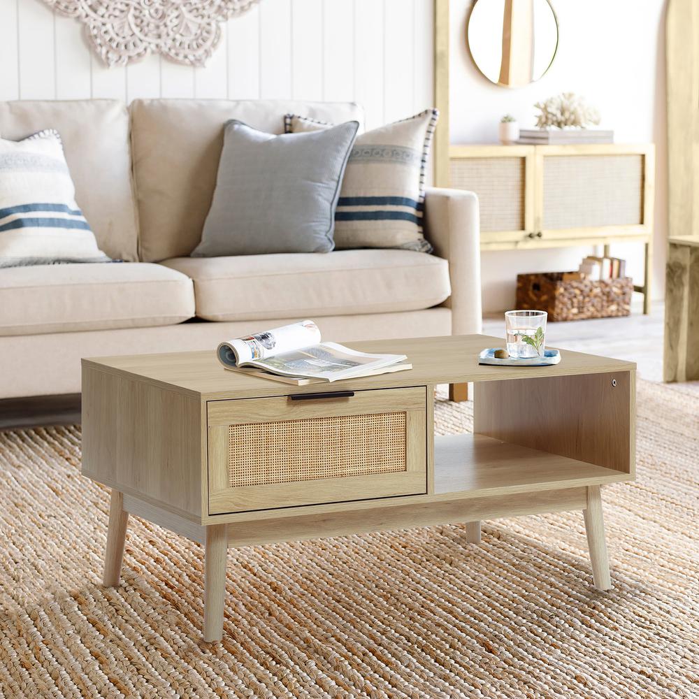 White Oak Finish Wood and Rattan Coffee Table. Picture 11