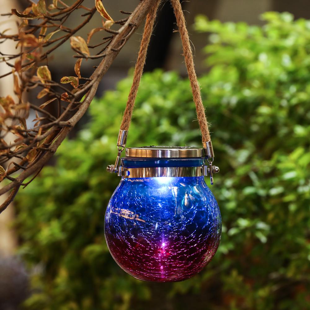 LuxenHome Blue and Red Crackle Glass Solar Outdoor Hanging and Table Lantern. Picture 2