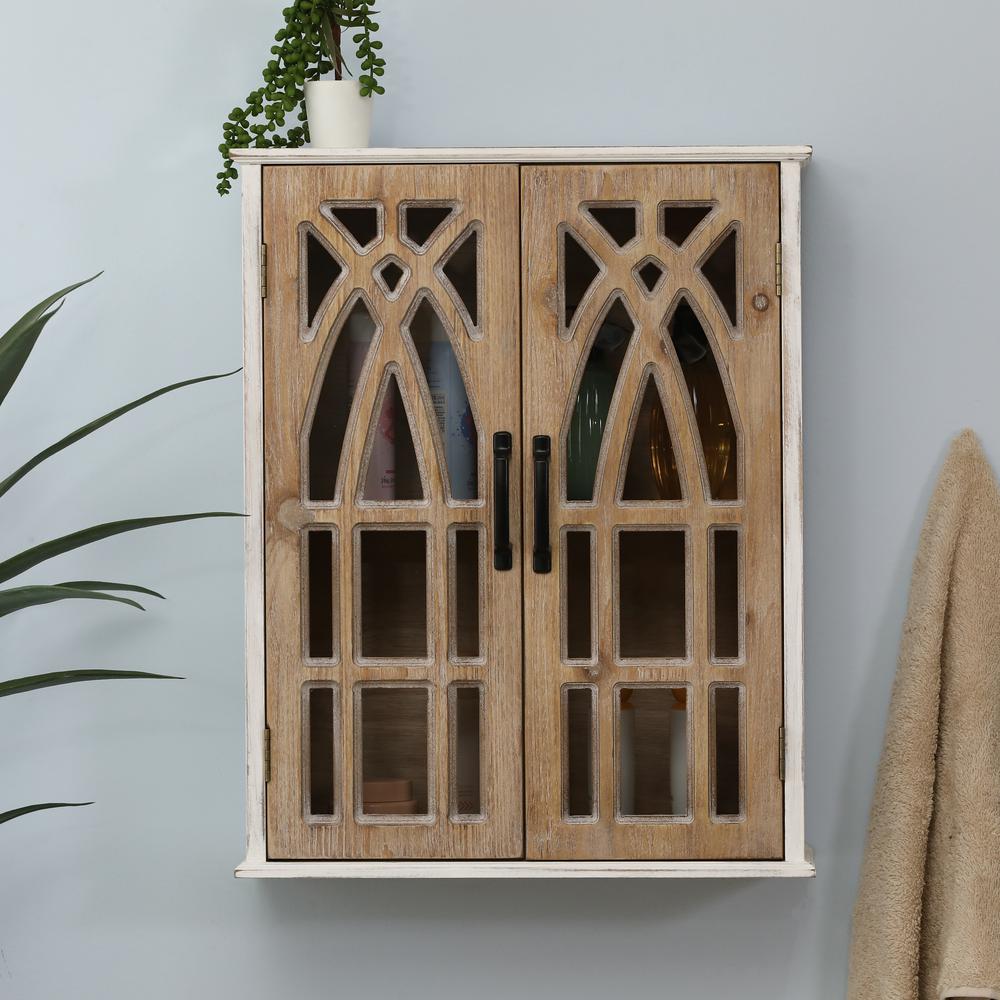 Farmhouse White and Natural MDF Wood Cathedral-Style 2-Door Wall Cabinet. Picture 3